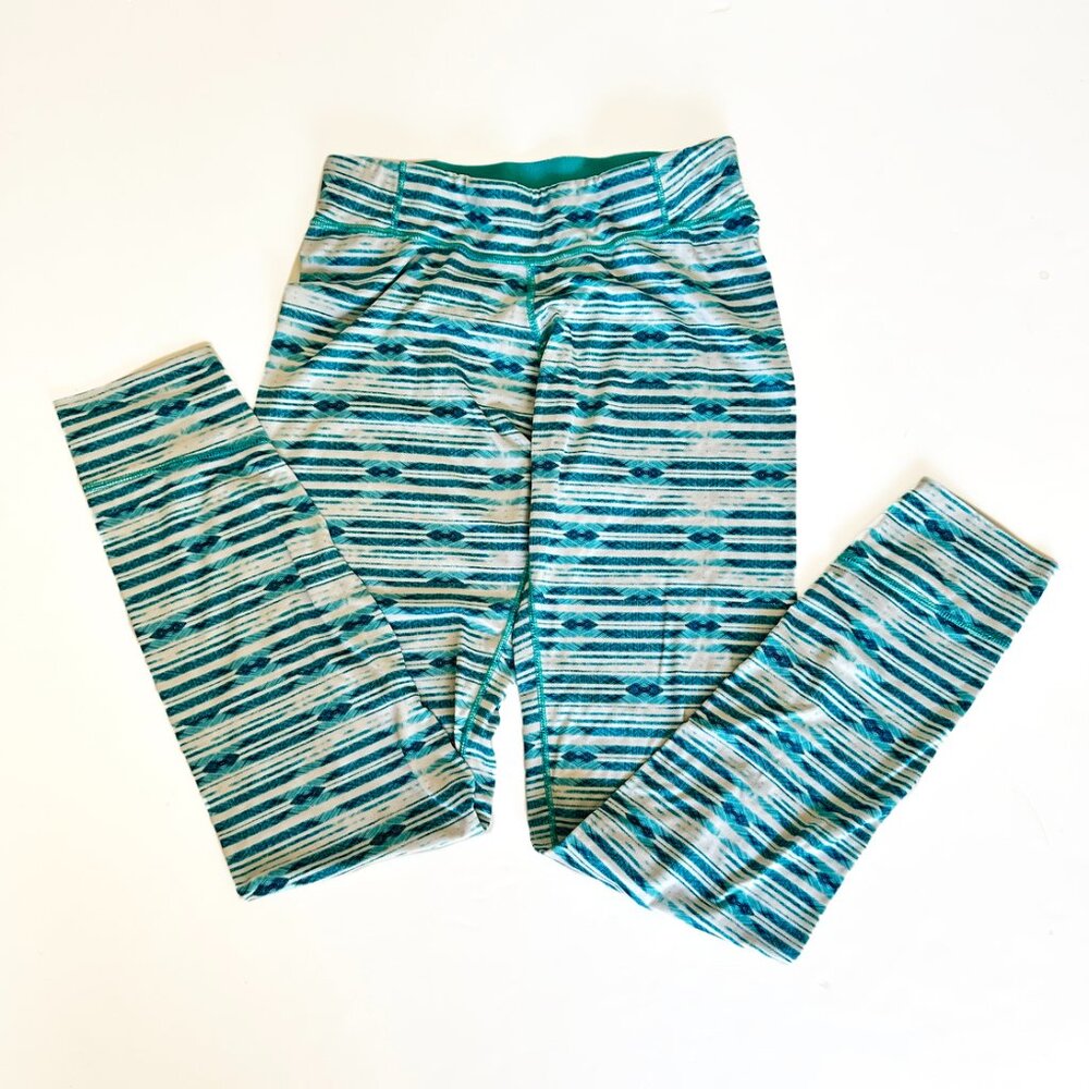 Patagonia Girls Capilene Base Layer Leggings Pants Sz L 12 Green & White Stripes